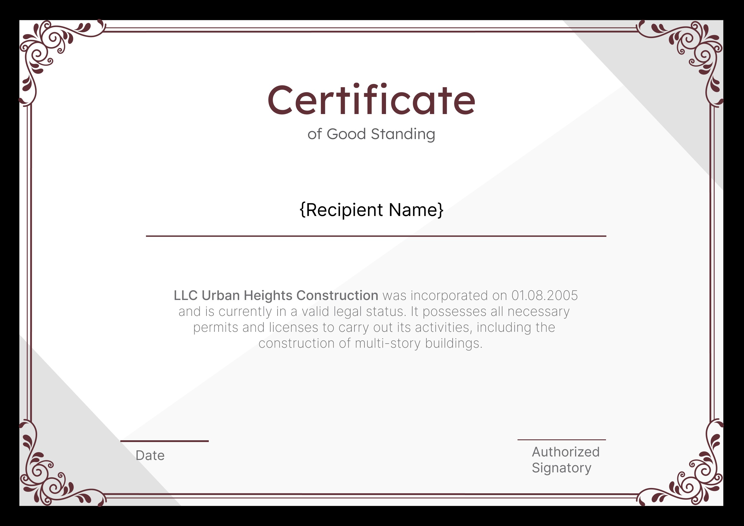 Wauld - Formal Recognition Good Standing Certificate Template