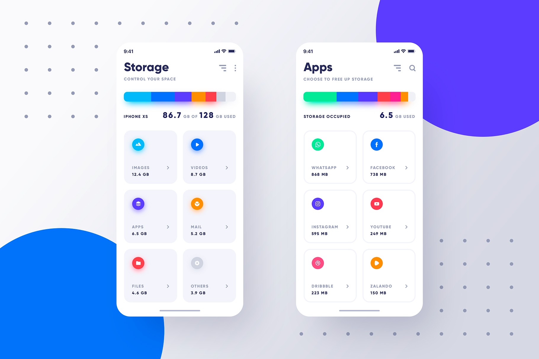 Light mode interface of a free iOS storage app displaying storage usage and app management.