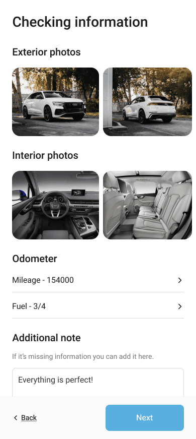 FlynCar app screen reviewing exterior and interior car photos, odometer readings (mileage and fuel), and an optional note field.