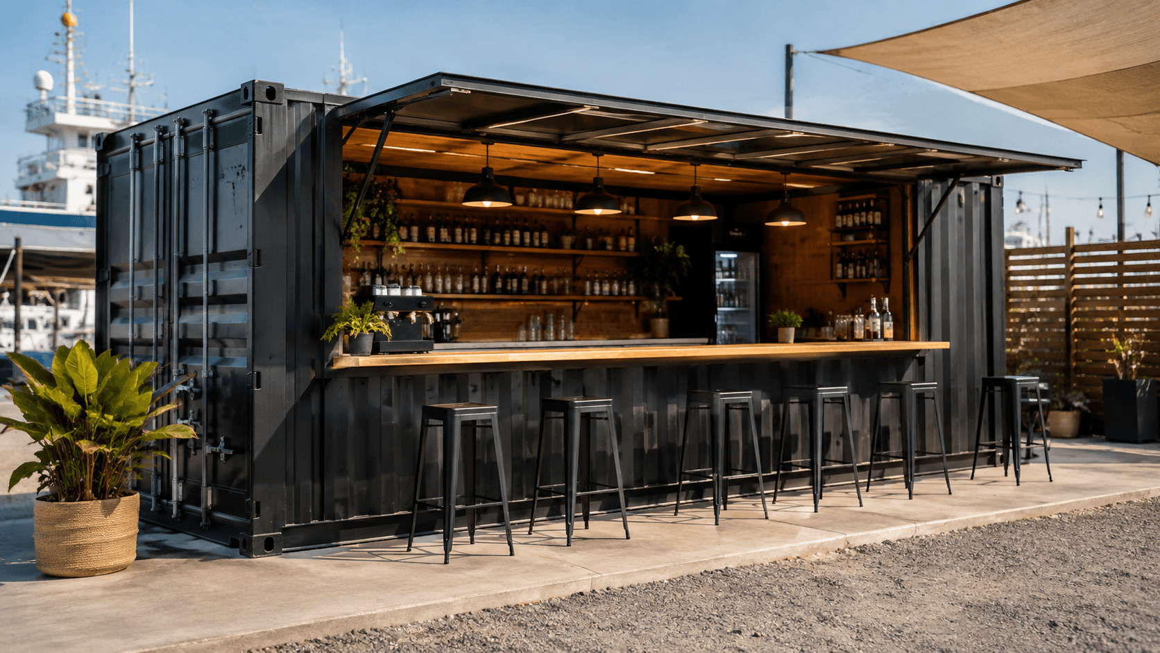 Contenedores transformados en bar, cafetería o food truck, con un diseño único y funcional.