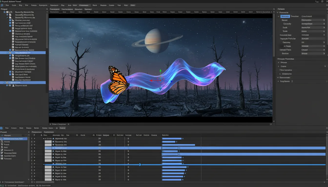 Screenshot of Adobe After Effects software in Modern Dark Mode, showing a complex multi-panel layout. The central composition viewer displays a surreal 3D scene with a monarch butterfly, an abstract wavy object with a 3D transform gizmo, and the planet Saturn in the sky over a dry forest. On the left is a project panel with a hierarchy of abstracted file names. On the right is a properties panel with UI elements and placeholder data. At the bottom, a detailed timeline shows multiple layers and keyframes. The interface uses a dark charcoal theme with blue accent colors for icons and selected text.