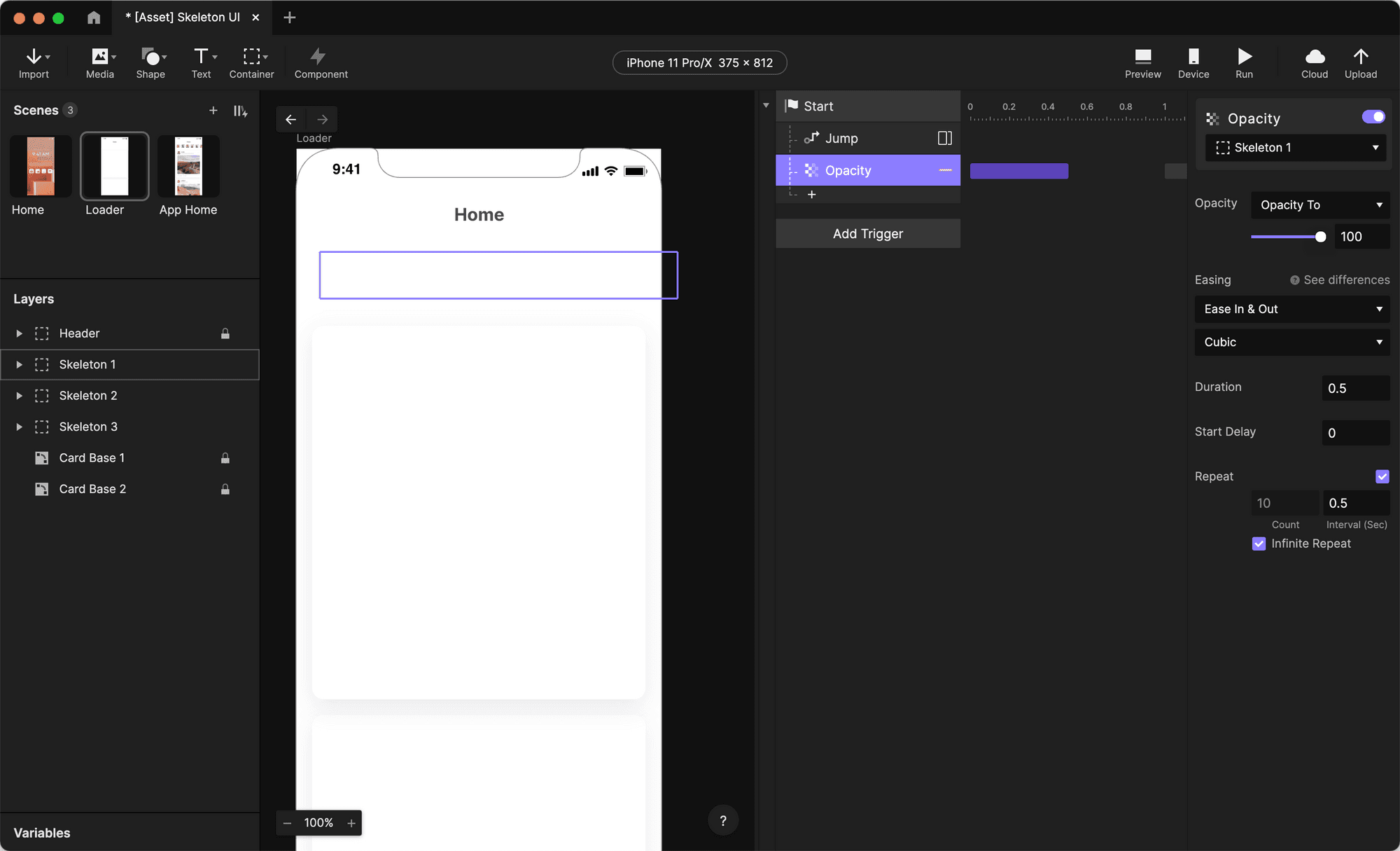 Add an Opacity response under the Start trigger on the Skeleton 1 layer and set the opacity to 100.
