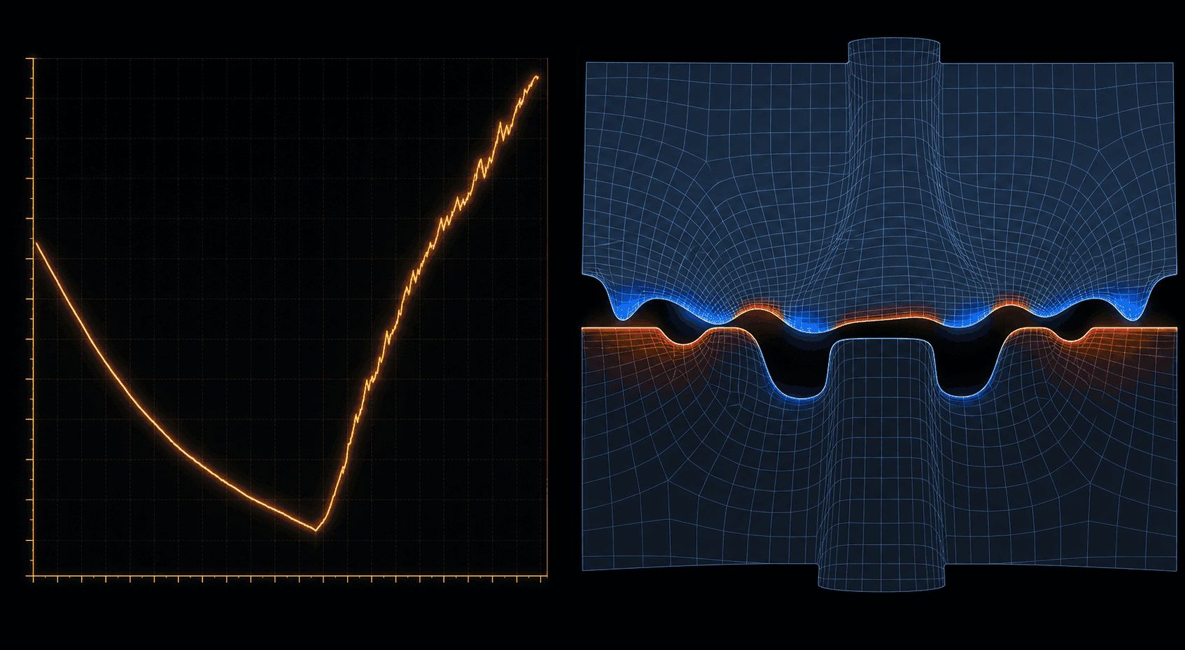 A dark-background engineering visualization showing a split diagnostic view: on the left, a residual convergence plot with a curve that initially drops then sharply reverses and climbs upward, rendered as a glowing amber line on a dark grid with axes and subtle grid lines; on the right, a finite element mesh cross-section of a mechanical contact interface where two surfaces are shown partially interpenetrating with highlighted red and blue zones indicating open and closed contact states oscillating across the interface. Cool blue and amber color palette, technical and precise aesthetic, no text, no labels, no numbers, no annotations anywhere in the image.