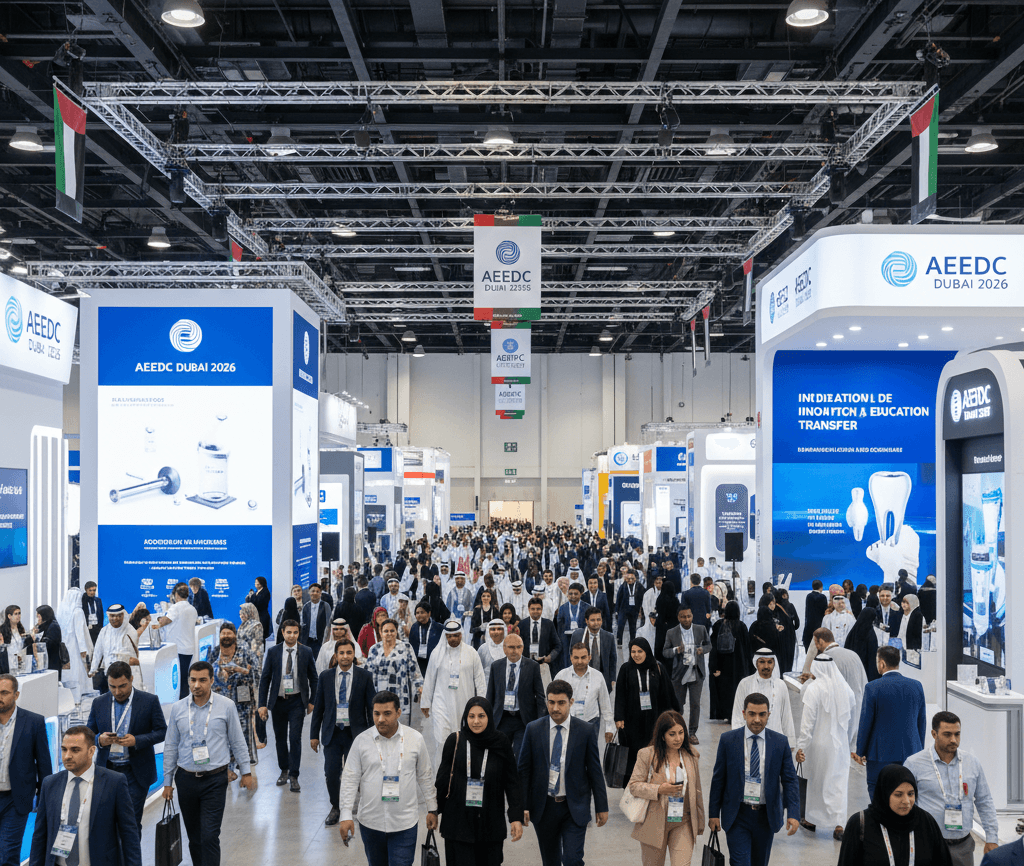 A wide-angle, high-perspective shot of a bustling exhibition hall at the AEEDC Dubai 2026 dental conference. The scene is filled with a large, diverse crowd of dental professionals and exhibitors walking through wide aisles between massive, multi-story custom-built booths. Bright overhead lights illuminate hanging banners, digital displays, and sleek white-and-blue branding throughout the Dubai World Trade Centre.