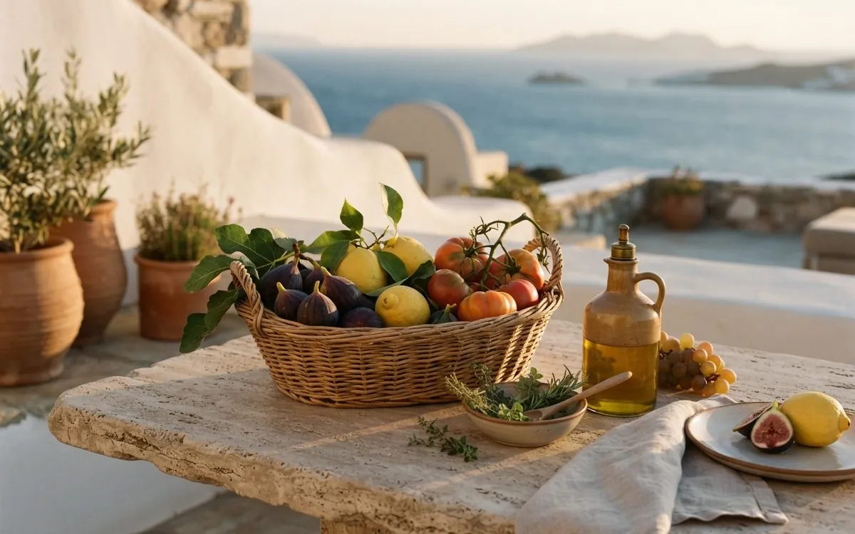 A basket of fruit on a stone table above the sea