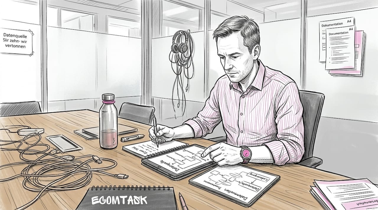 Ein IT-Spezialist prüft ein Schaubild zur KI-Prozesskette.