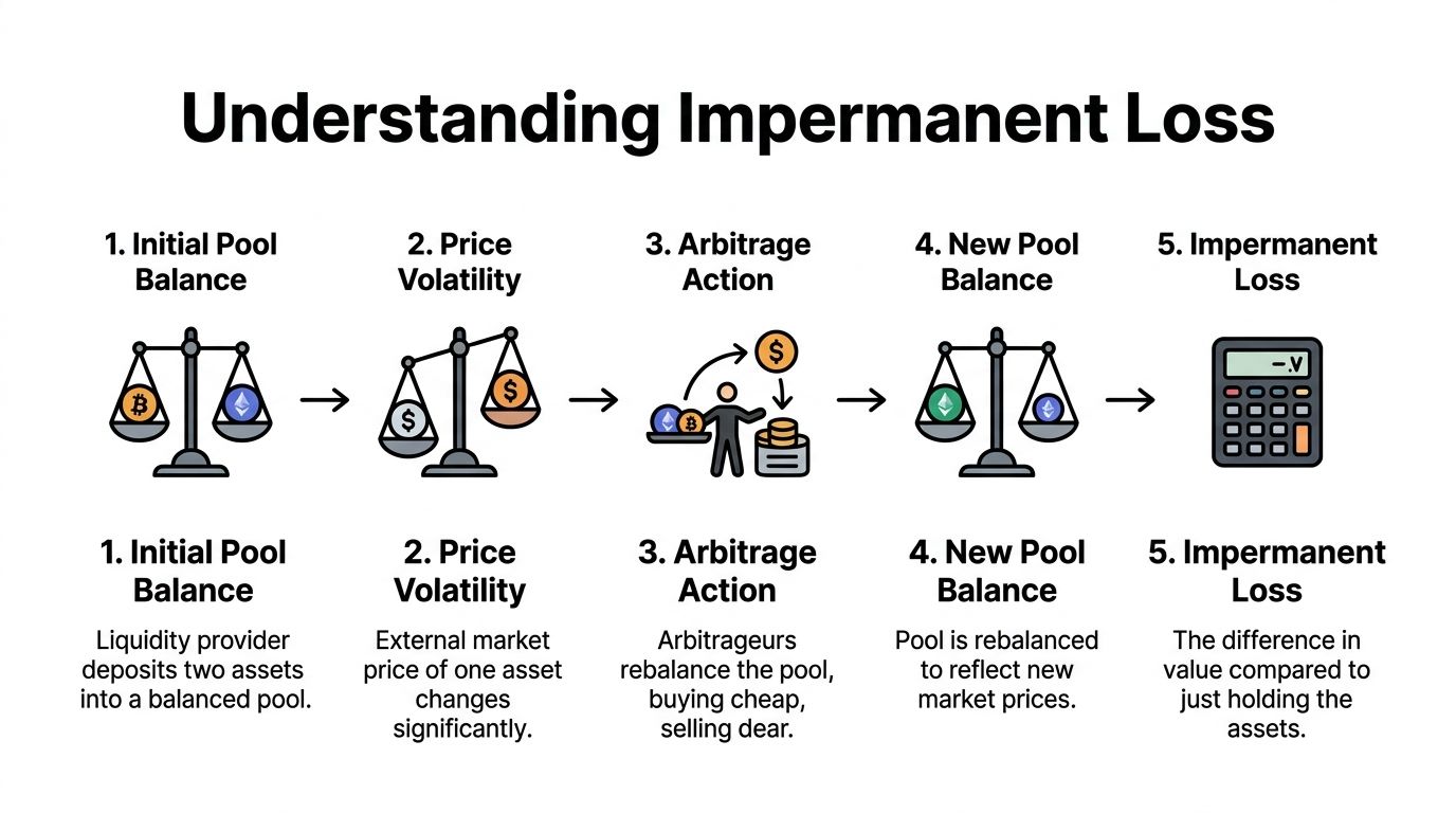 A five-step infographic showing how impermanent loss happens in cryptocurrency liquidity pools through balance changes.