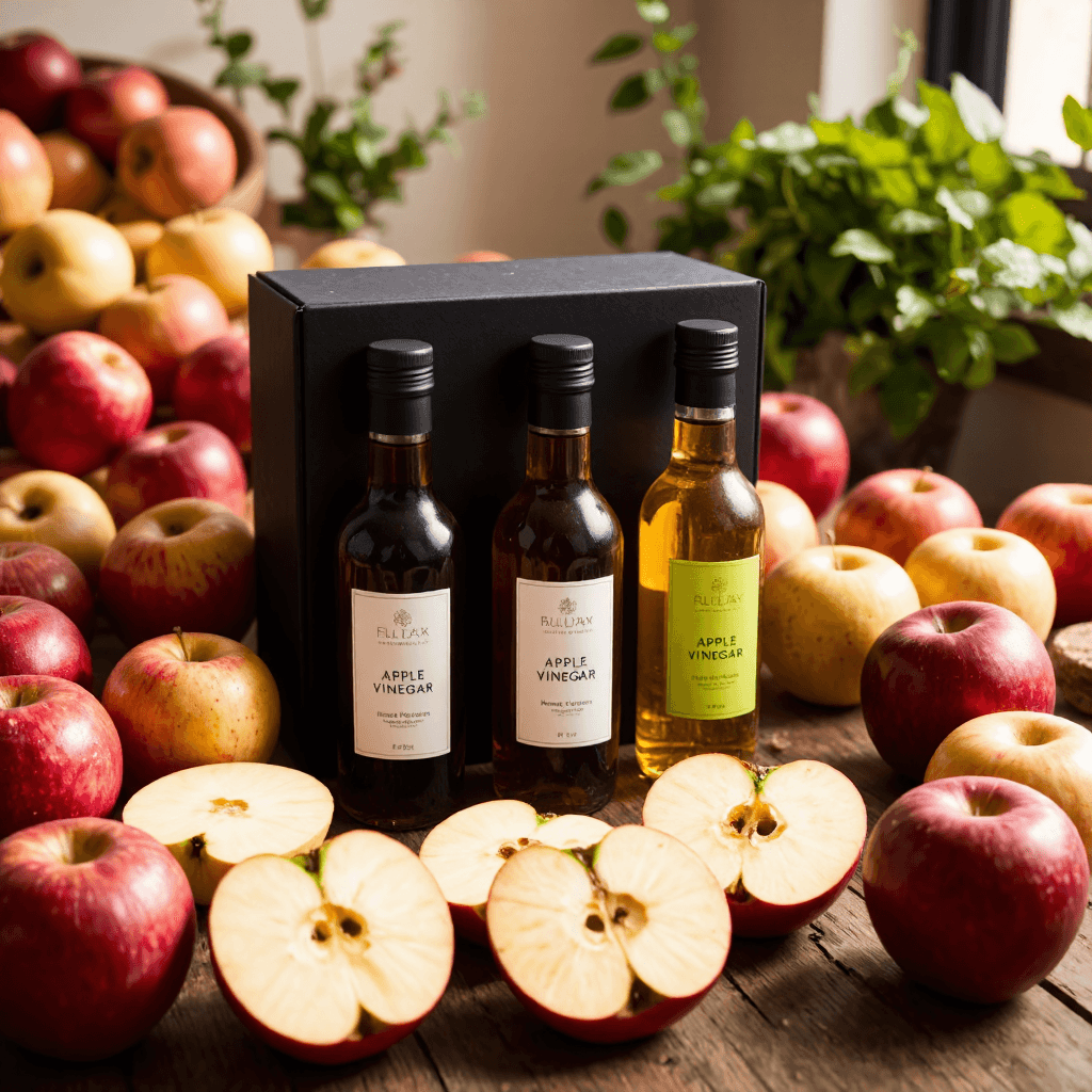 product photography of a gift set of three bottles of apple vinegar