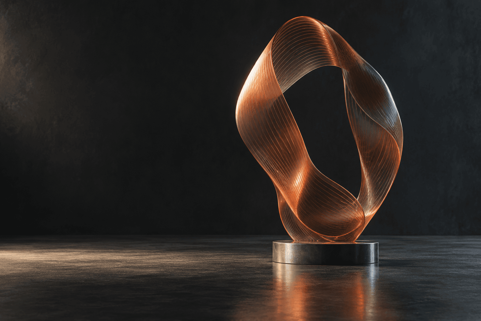 Original fictional orange translucent glass form in a dark silver studio.