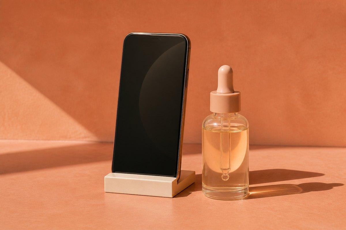 Phone on a stand beside an unbranded serum bottle, ring-light highlight on a terracotta backdrop