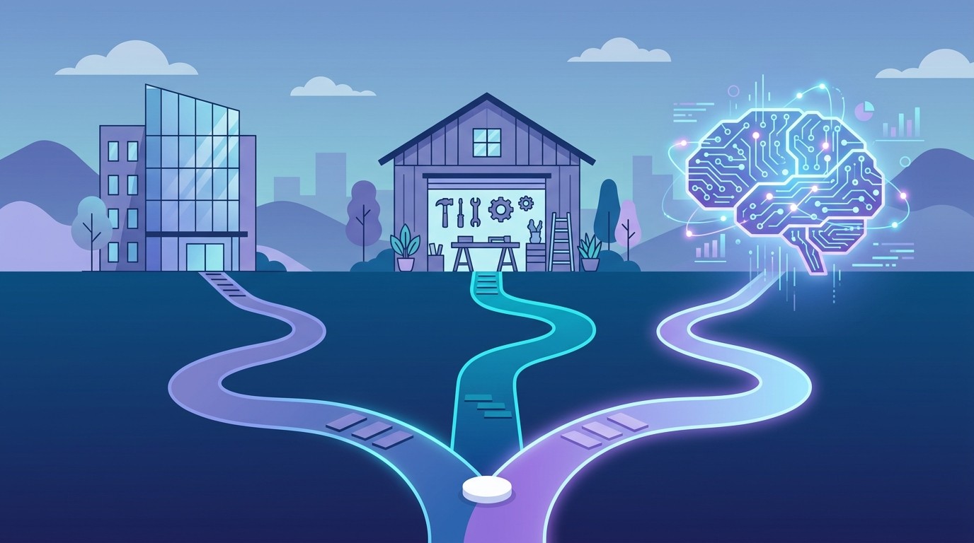 Three diverging paths representing agency, in-house team, and AI platform development approaches.