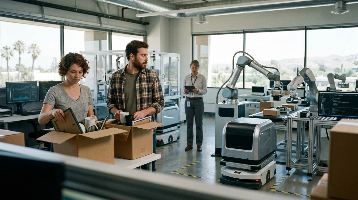 Two employees packing personal items into cardboard boxes in a modern tech facility alongside automated robots, visually representing AI driven workforce disruption and job displacement discussed in the California executive order.