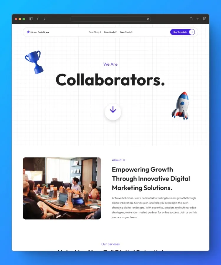A computer screen displays a digital marketing agency's webpage with a clean, modern design, featuring a header with the text "We Are Collaborators," a trophy and rocket icon, and a photograph of a diverse team engaged in a meeting, set against a blue gradient background.
