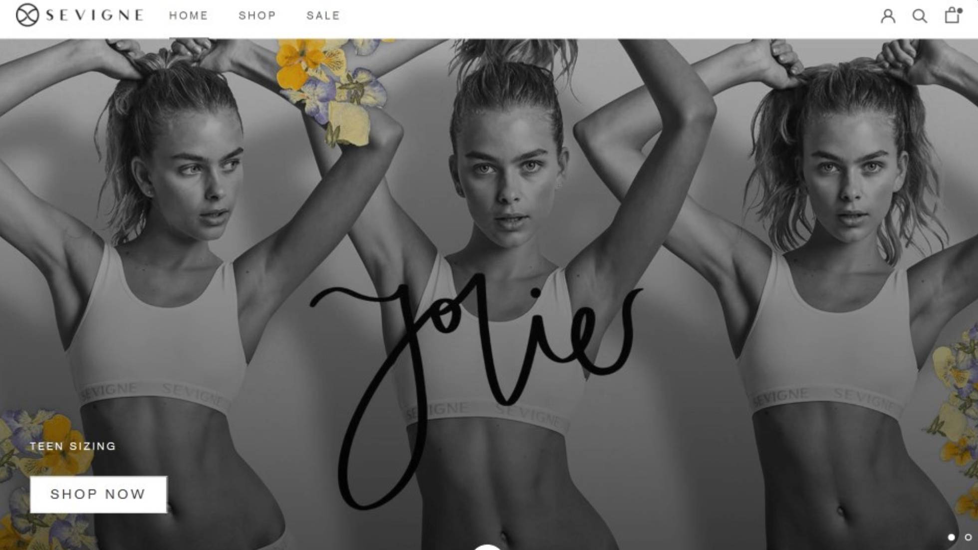 Creato's Ecommerce web design case study of Sevigne, a clothing brand in Sydney, with three women posing in a black and white photo wearing a white tank top.