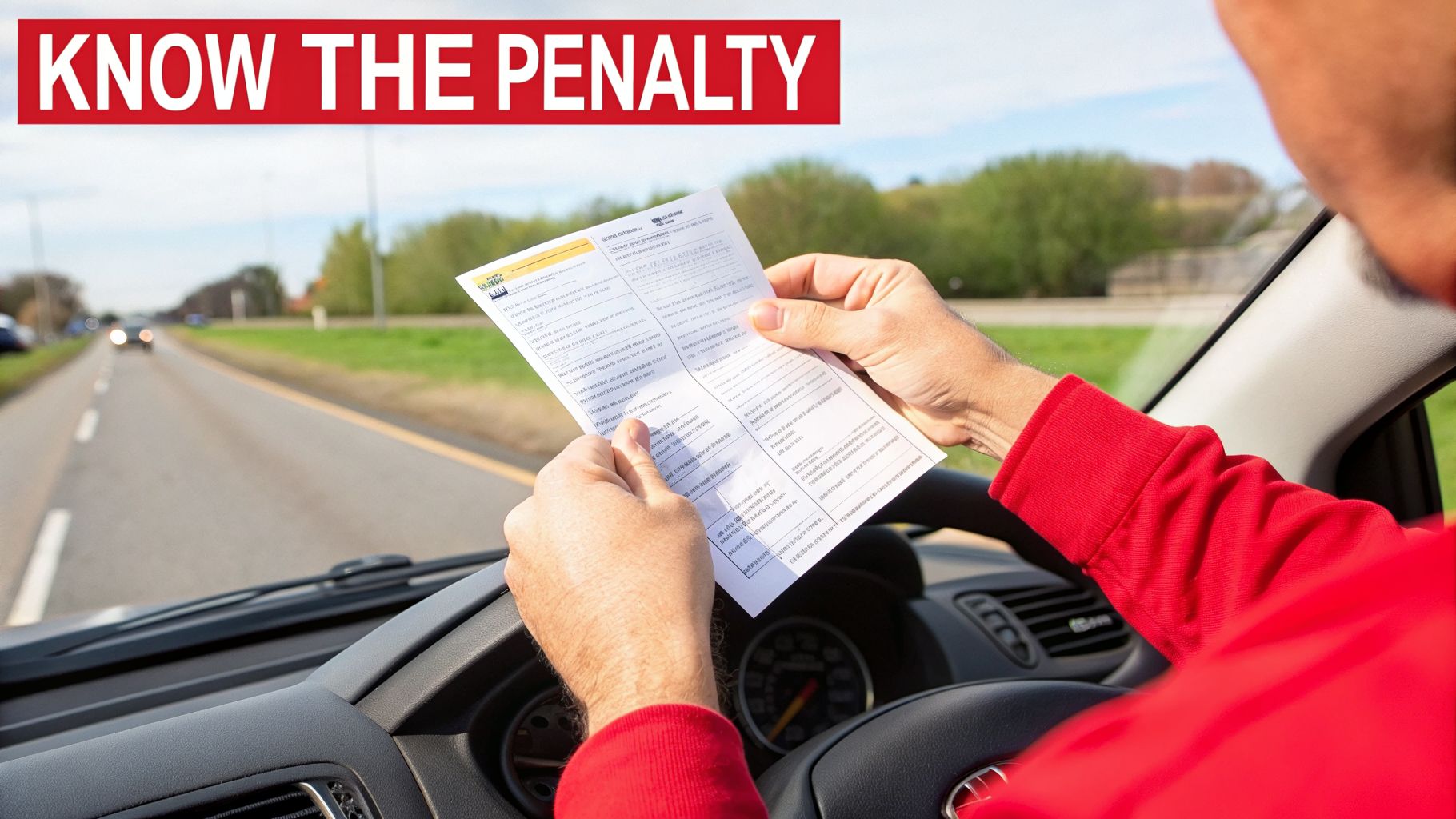 Driver in red shirt reading a penalty notice or official document inside a car, with a road visible.