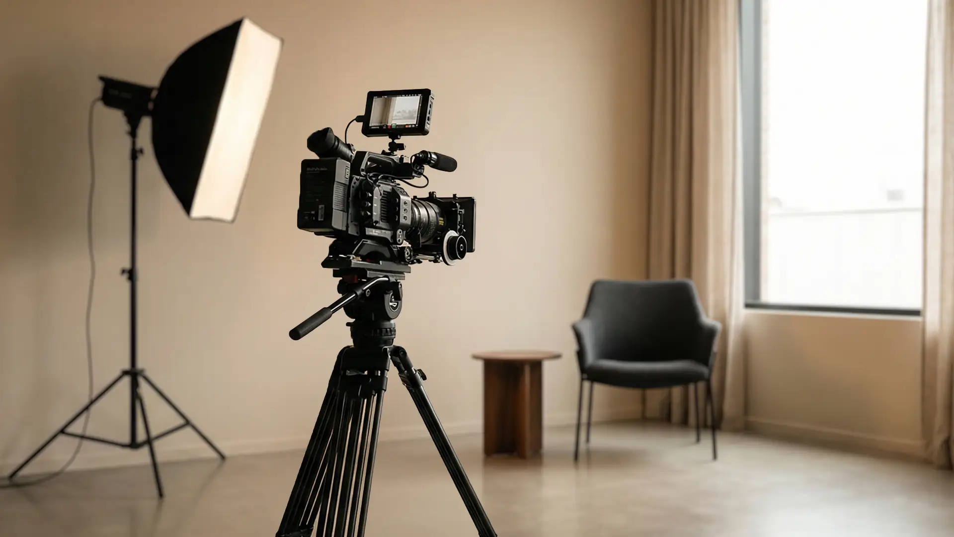 A minimalist filming setup with a single broadcast camera on a tripod, two softbox lights, and an empty chair in a calm studio space.