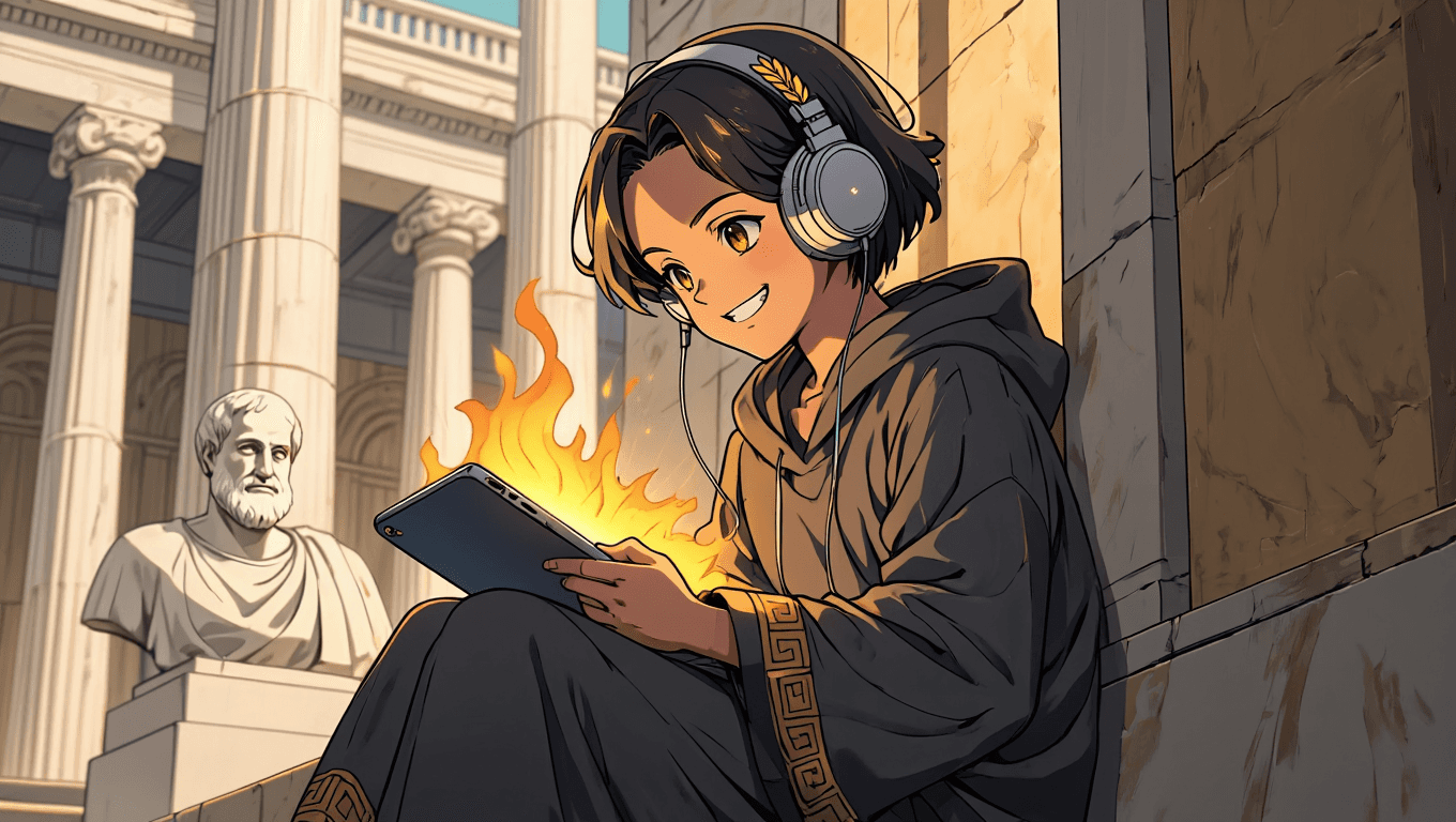 A joyful student smiling while studying on a tablet device.