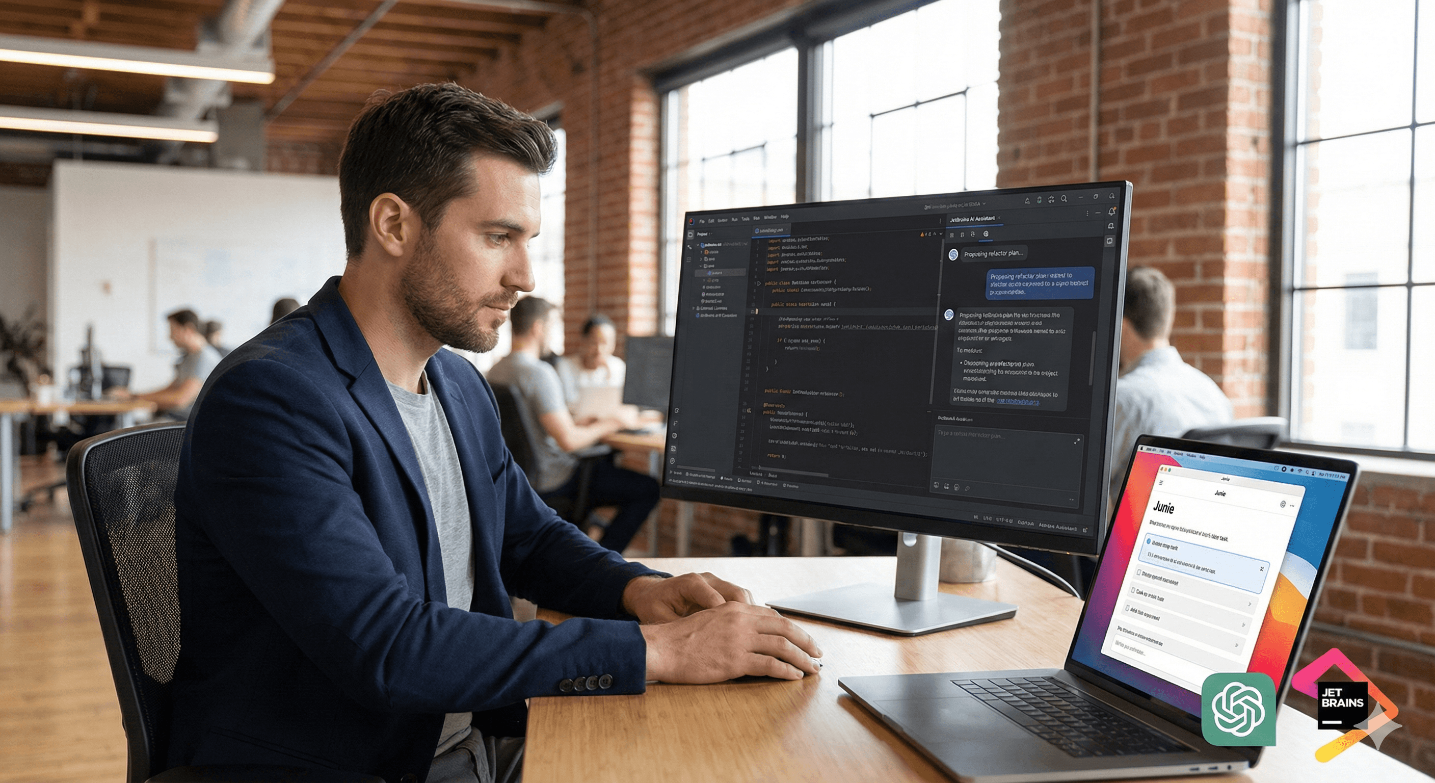 A person works at a desk in a modern office, interacting with programming software on a large monitor and laptop, depicted with logos representing JetBrains and GPT-5 integration to revolutionize coding efficiency.