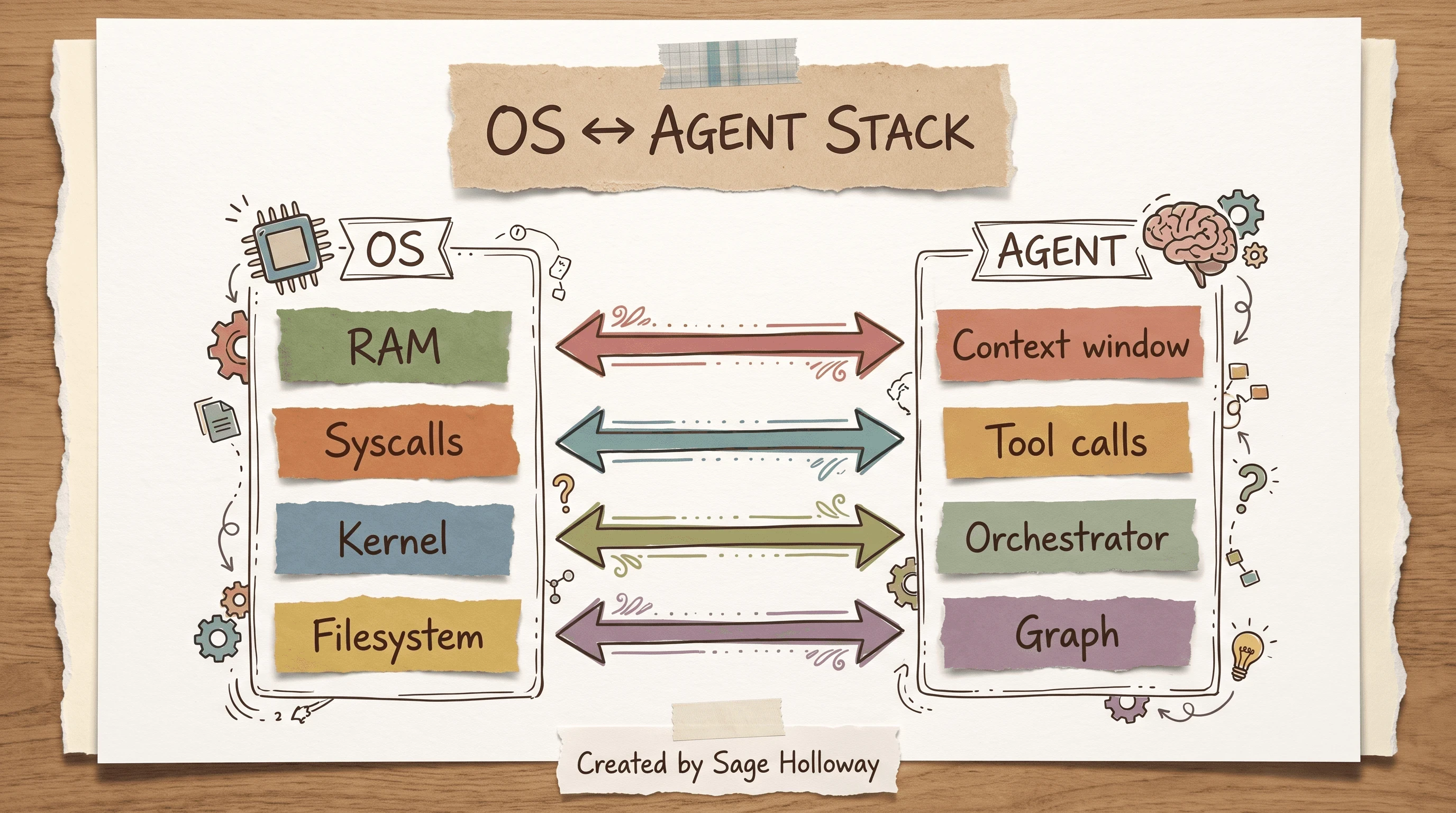 Scrapbook two-column diagram mapping operating system layers to agent stack layers