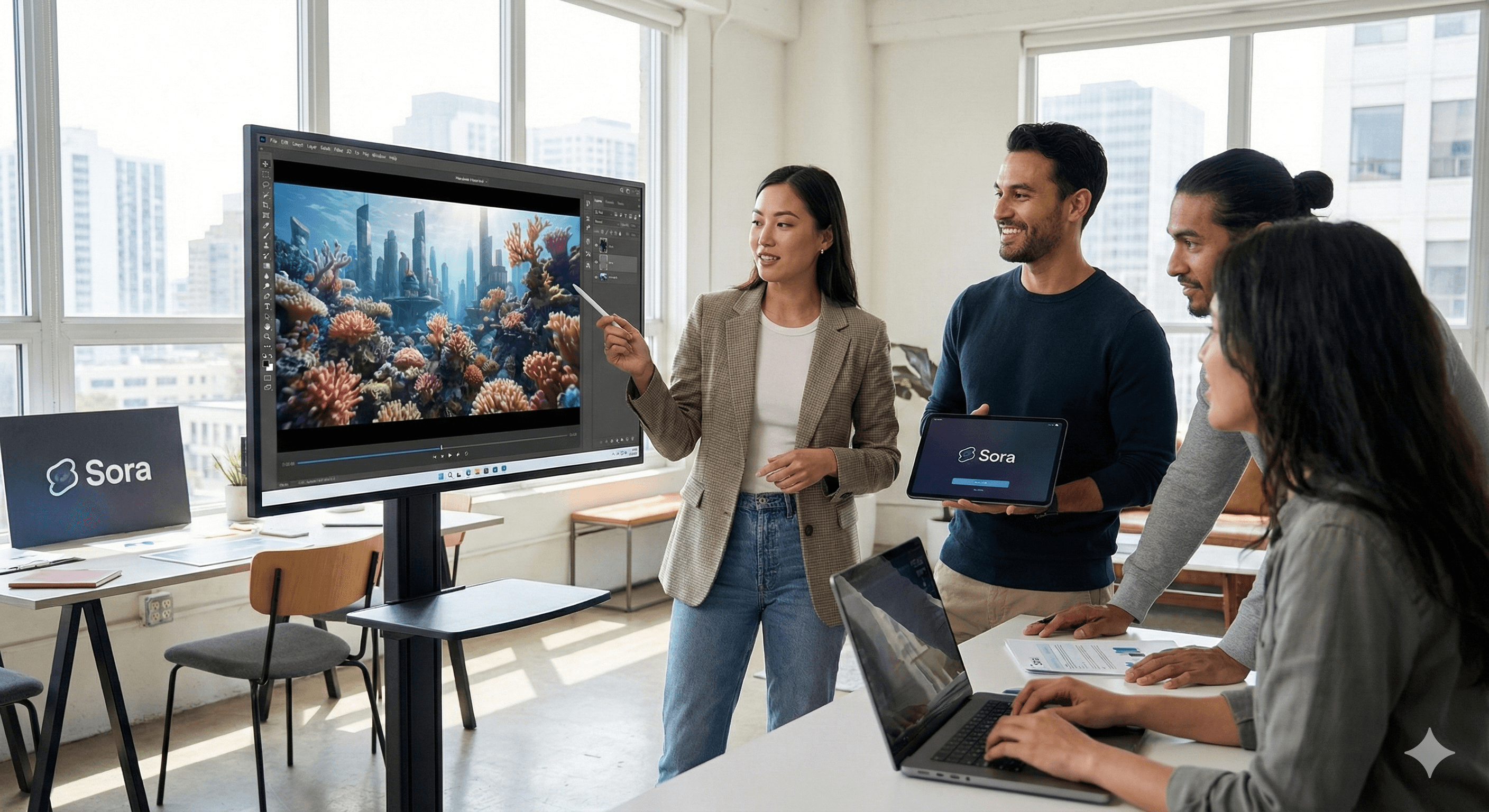 Four people are gathered in a modern office with large windows, engaged in a presentation featuring a digital screen displaying an underwater scene, with one person pointing and others smiling attentively, embodying a collaborative work environment.