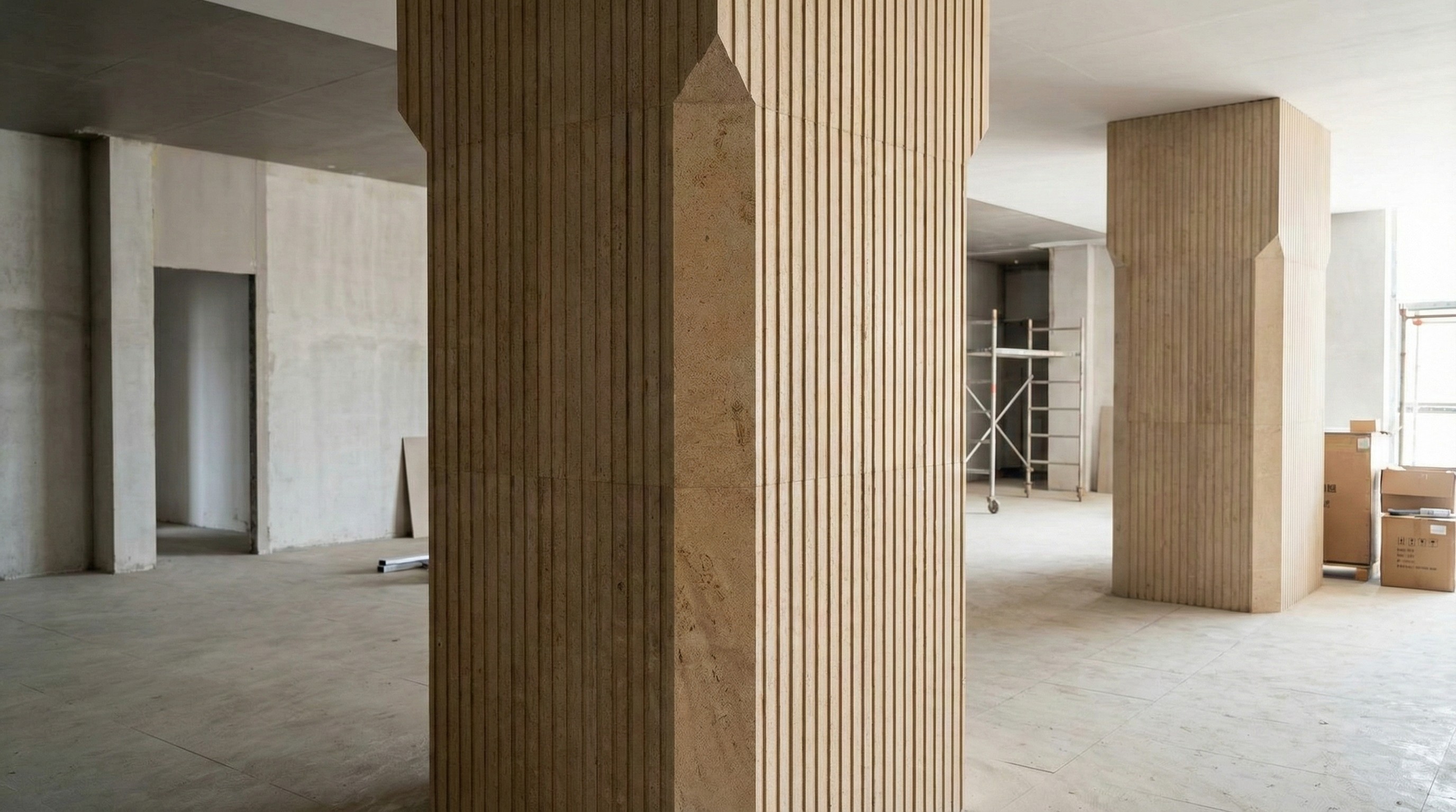 Large-scale fluted stone columns installed in a subway station interior by NOVA STONE.