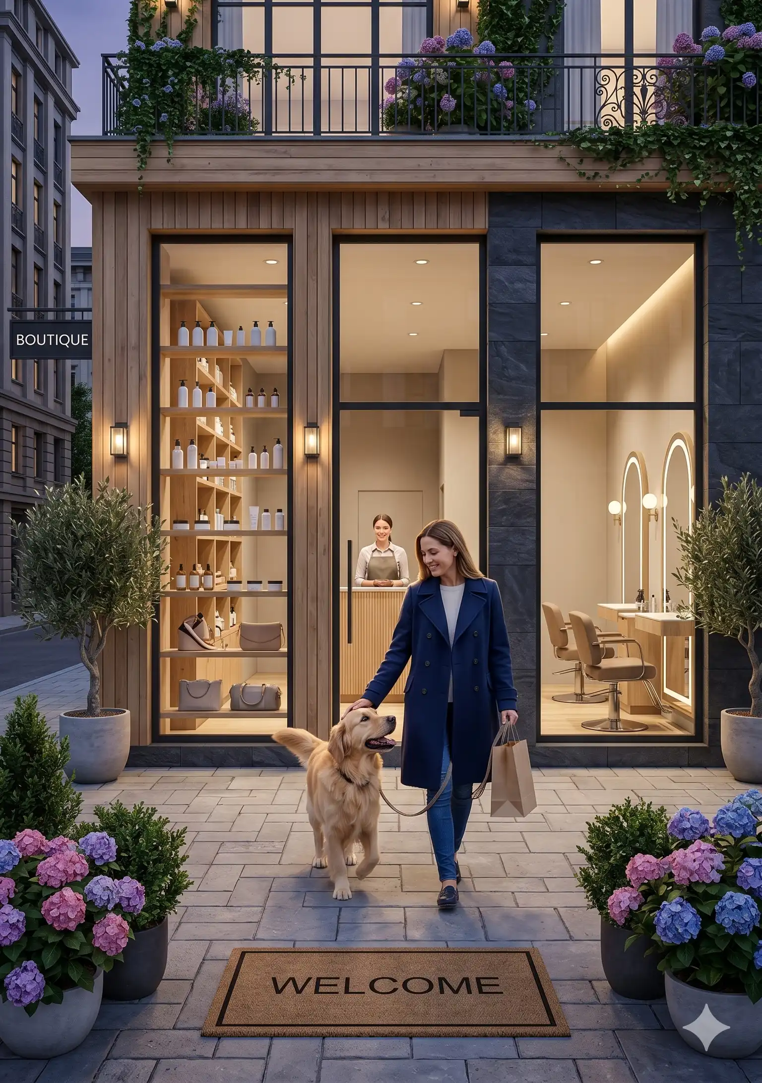 A joyful woman leaving a grooming shop with her happy, well-groomed dog.