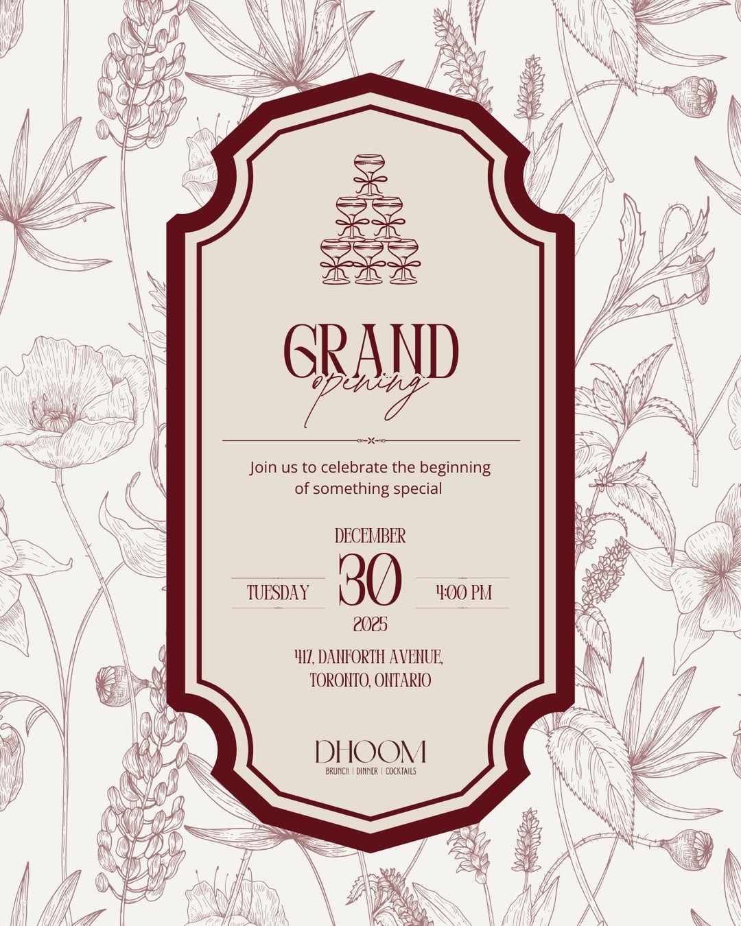 Dhoom grand opening invitation announcing the restaurant launch on December 30 at 4 PM, featuring refined typography and modern Indian design elements.