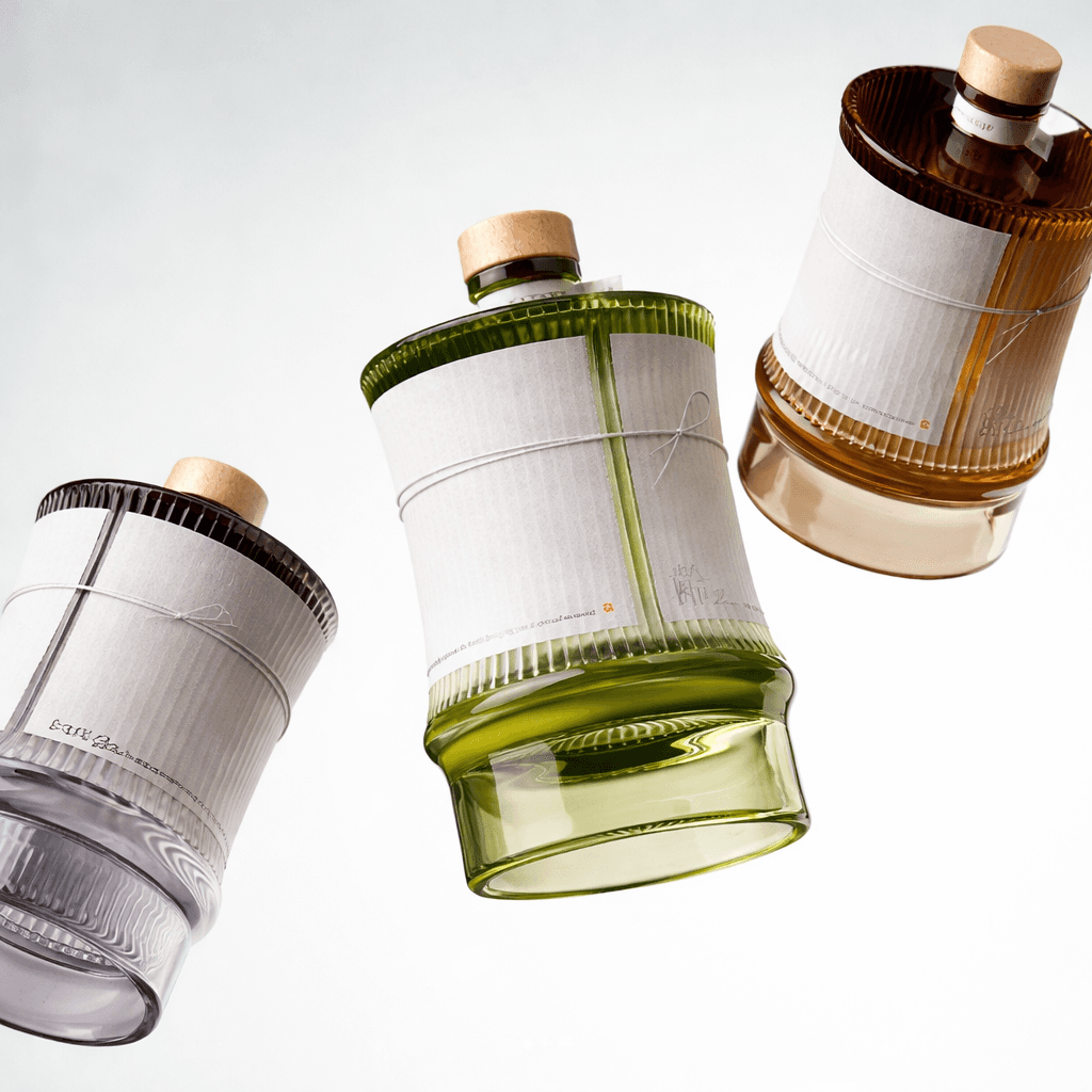 Three stylish glass bottles with wooden caps are angled diagonally against a white background. They are tinted green, brown, and clear, exuding an elegant, modern vibe.