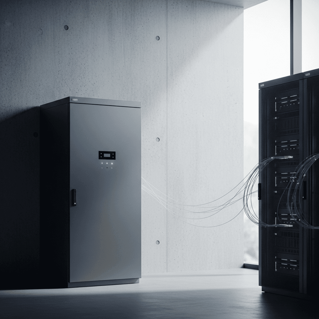 Editorial photograph of a modern, minimalist server room with a focus on architectural minimalism and natural textures. On the left, a single, secure server cabinet made of matte charcoal (#20242B) steel stands against a raw concrete wall, representing a private cloud. On the right, a similar server rack has discreet fiber optic cables extending out and fading into a bright, naturally lit space, suggesting a connection to an external cloud. The overall color palette is muted, with subtle deep blue (#1F3B5B) and warm coral (#E76F51) status lights. Abundant negative space. Natural light streams in from an unseen source. Aspect ratio 16:9. Photorealistic, clean, architectural. Strictly forbidden: no text, no logos, no watermarks, no neon glow, no holograms, no floating digital brains, no circuit overlays, no futuristic cityscapes, no stock photos.