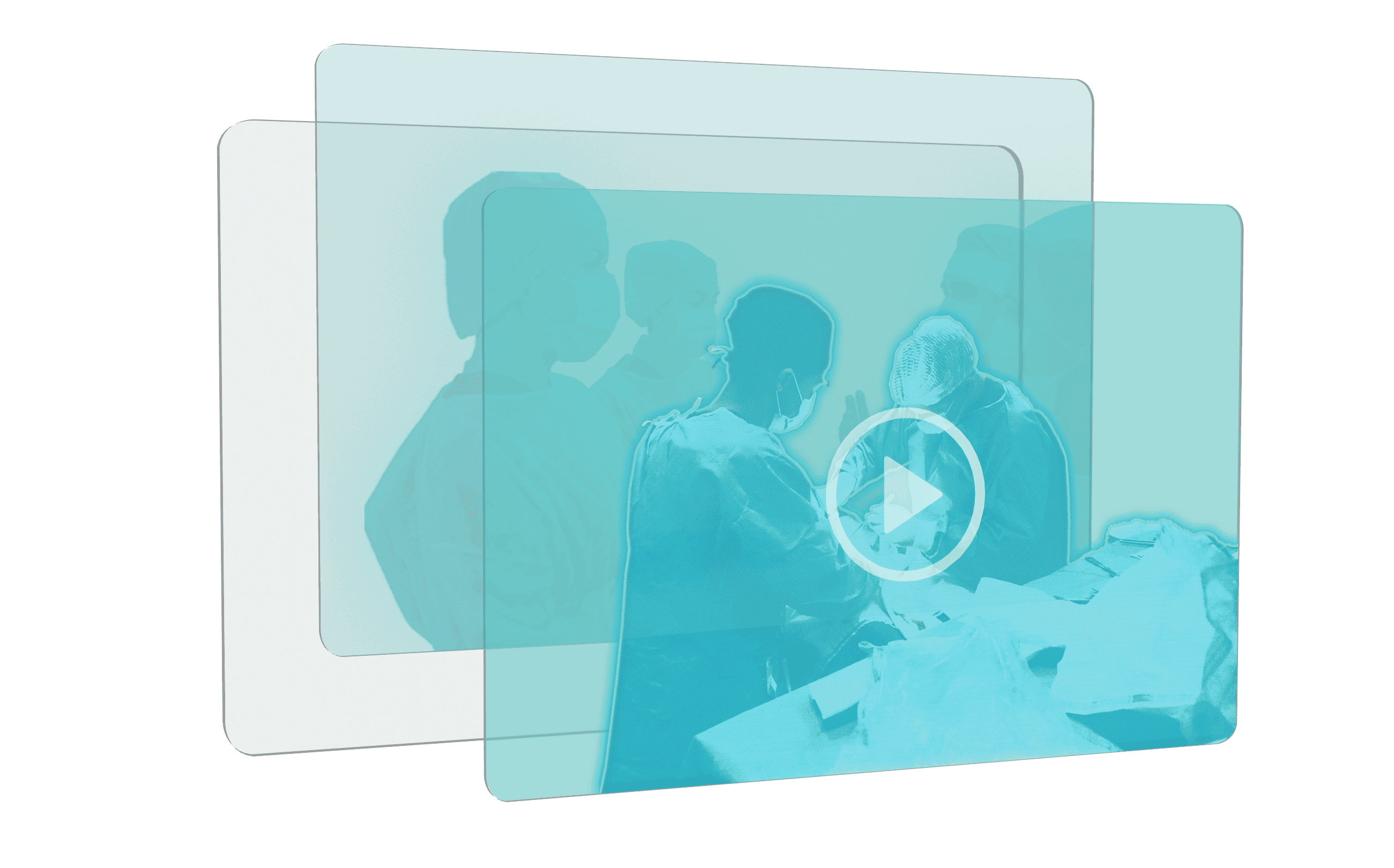 three glass panels with videos of surgeons operating