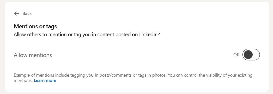 LinkedIn's setting for mentions or tags, with the option to allow mentions turned off