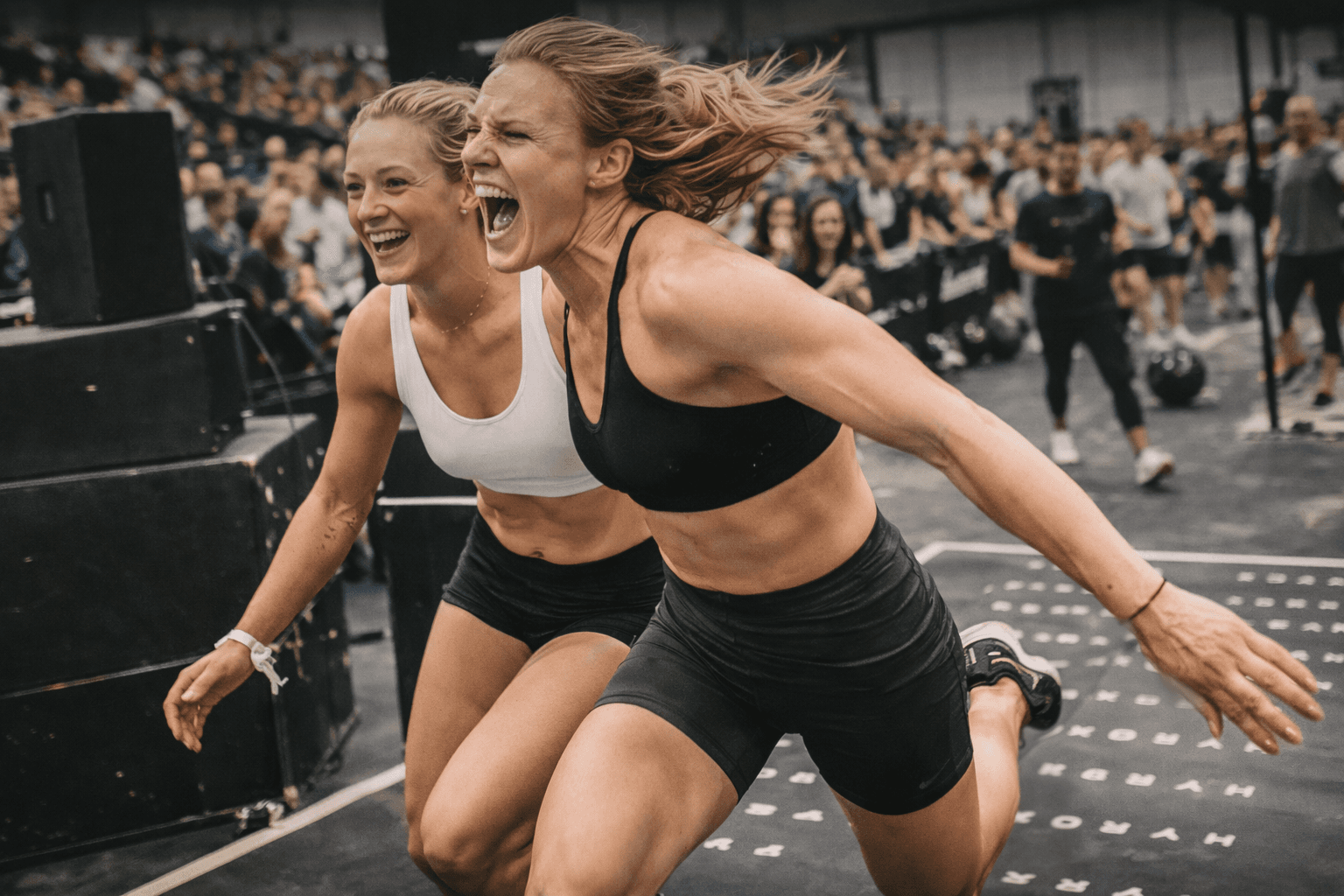 Energetic black and white image of two female athletes cheering and shouting during a fitness competition.