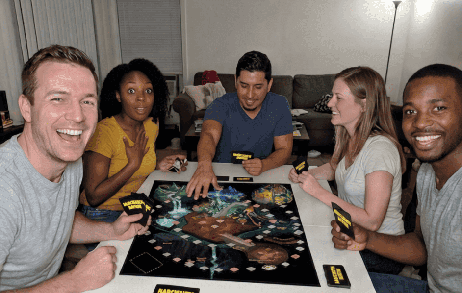 5 friends playing a board game in relaxed settings.