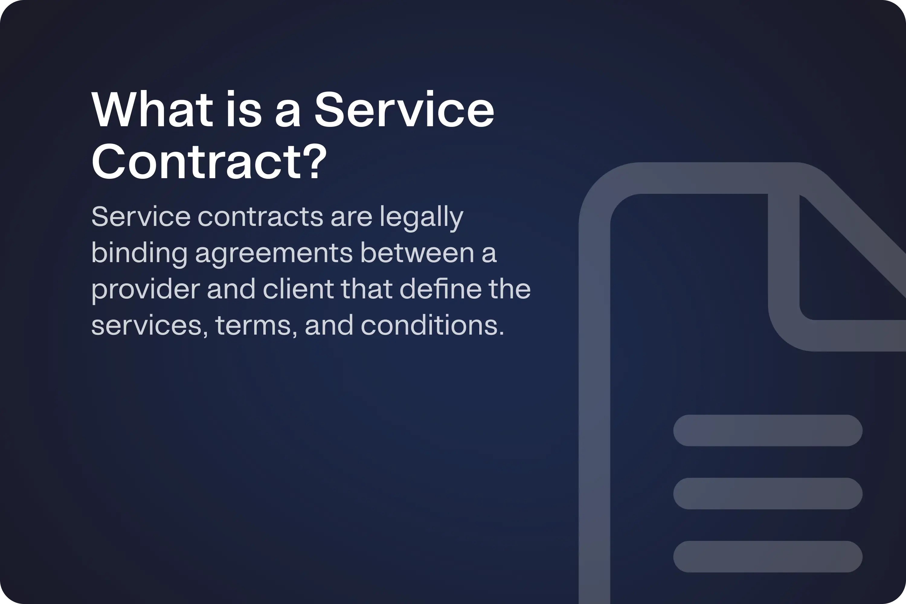 The image presents the answer to the question "What is a Service Contract?" It explains that service contracts are legally binding agreements between a provider and a client, specifying the services, terms, and conditions involved.