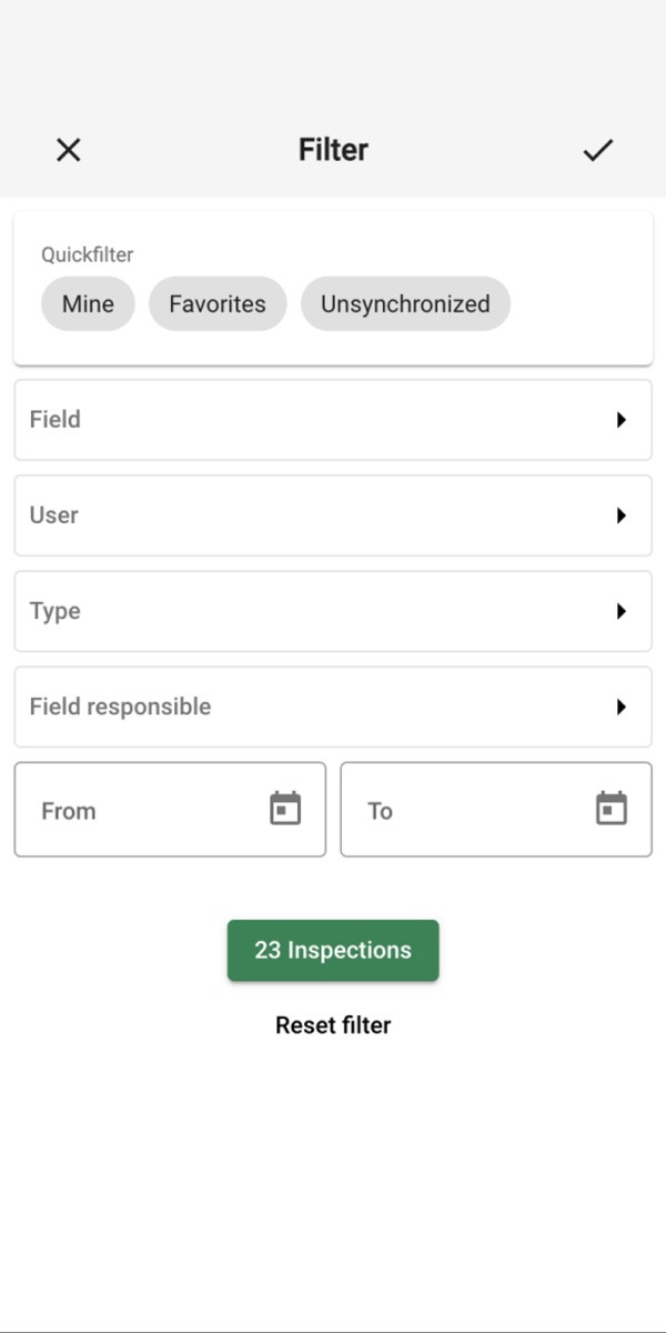 Screenshot of the previous inspection filter interface of the KWS Field Explorer mobile app on smartphone