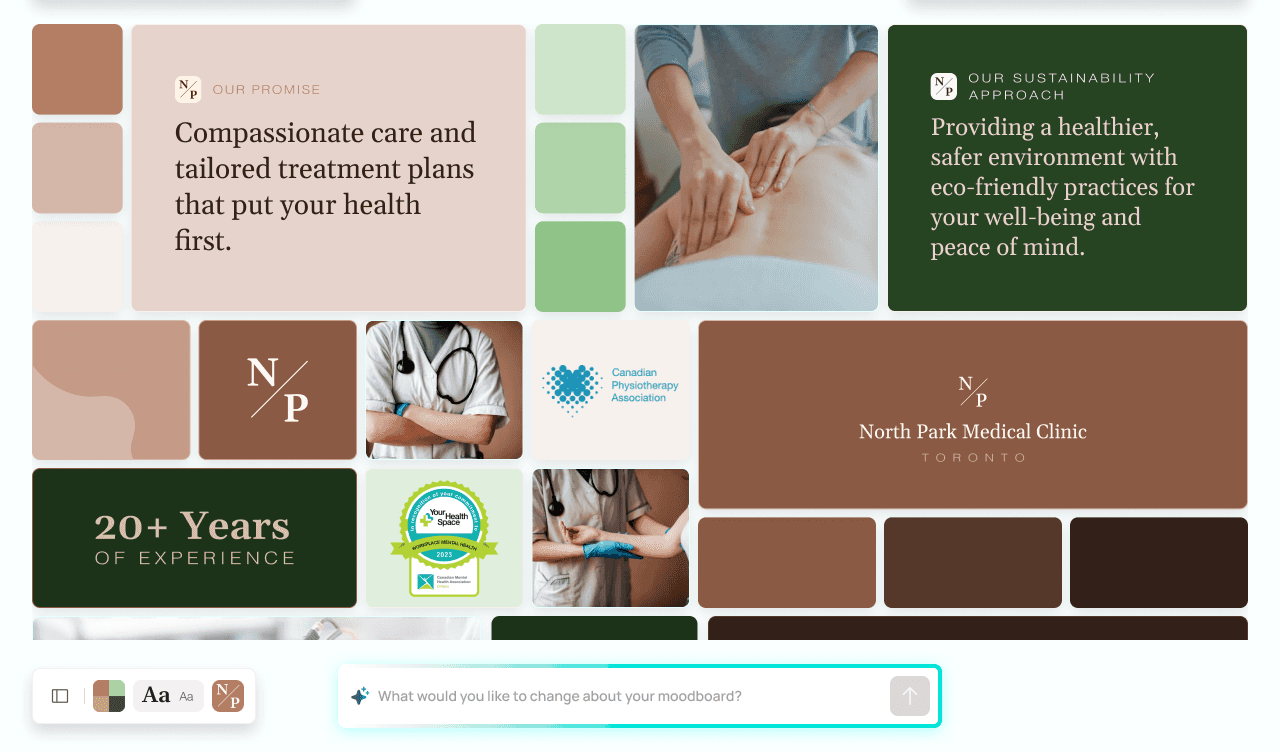 Collage with text about compassionate health care, photos, and a logo in earth tones.