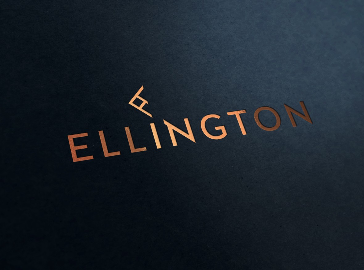 A sleek black background features the word "Ellington" in a modern, shiny copper font with a small, stylized logo above the letter "E."