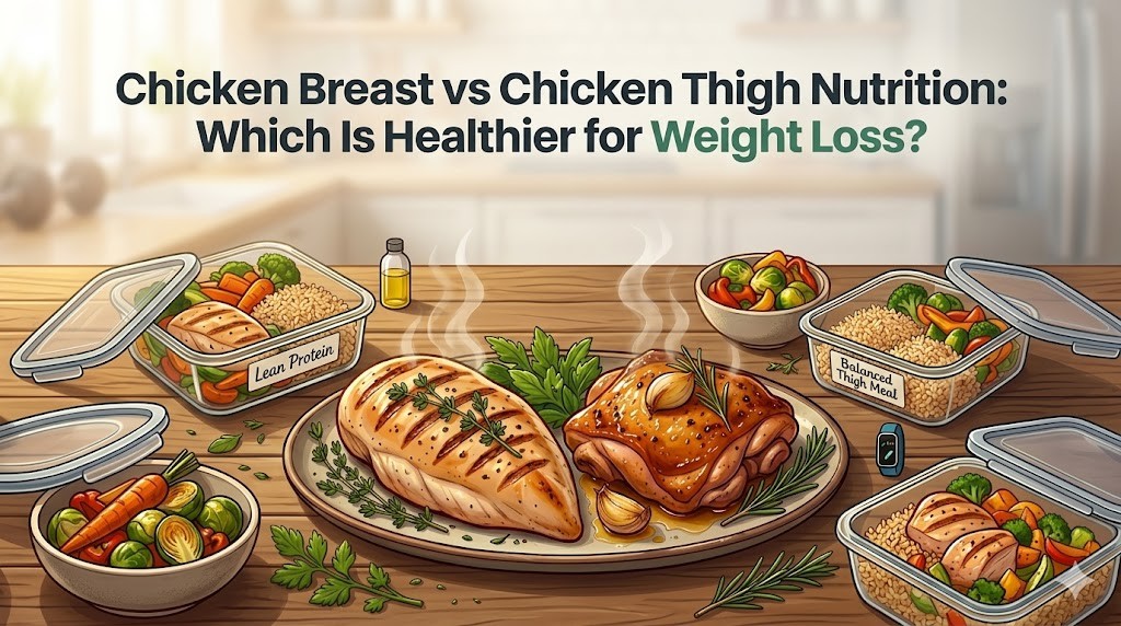 A comparison infographic titled 'Chicken Breast vs Chicken Thigh Nutrition: Which Is Healthier for Weight Loss?' showing various healthy chicken meals in containers on a wooden table.
