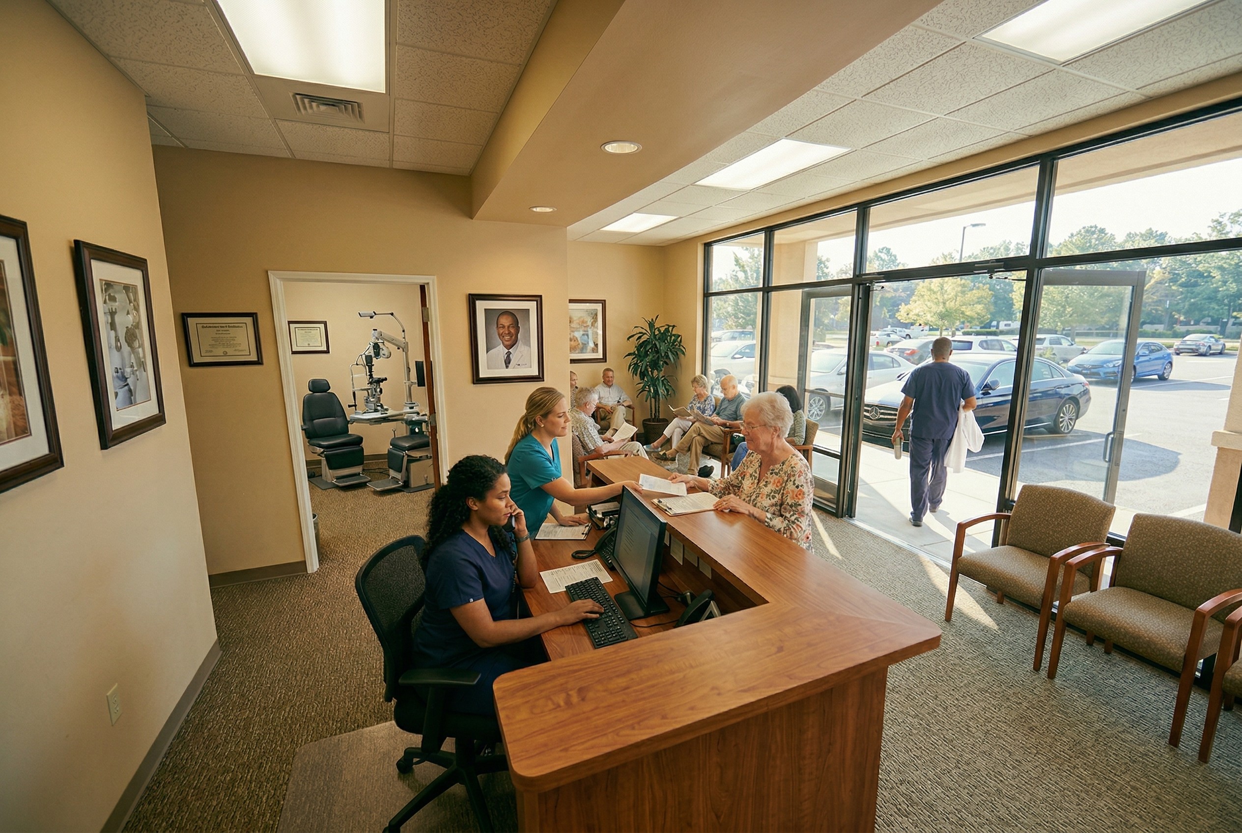 Ophthalmology practice running smoothly with staff at front desk helping patients while physician owner walks out the door with his white coat over his arm and his framed portrait on the wall