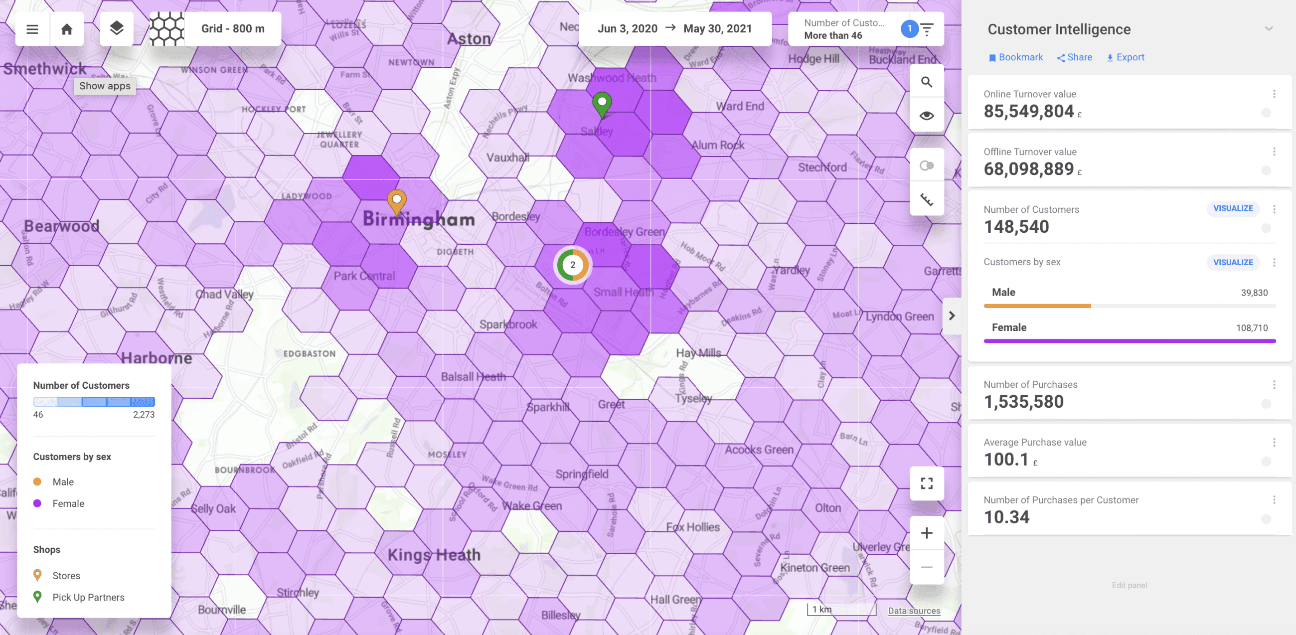 Customer Intelligence insights visualized in the CleverMaps Studio.