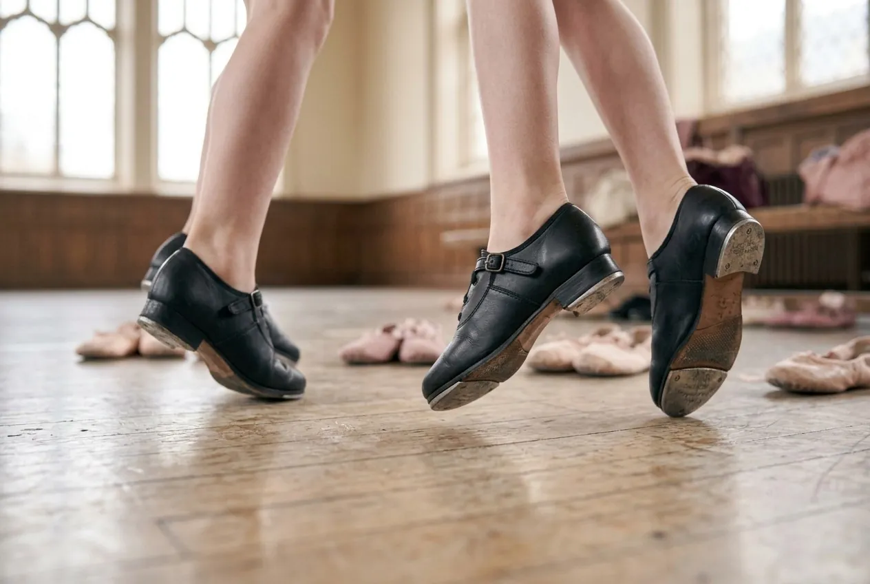 Two dancers in black tap shoes mid-step