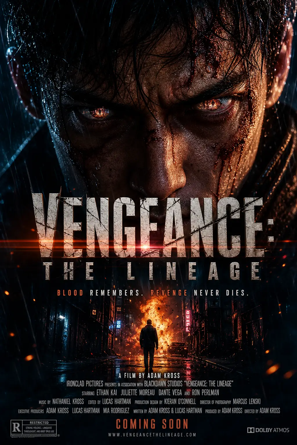 AI-generated revenge thriller poster of an intense man standing in a neon-lit street with fire burning behind him.