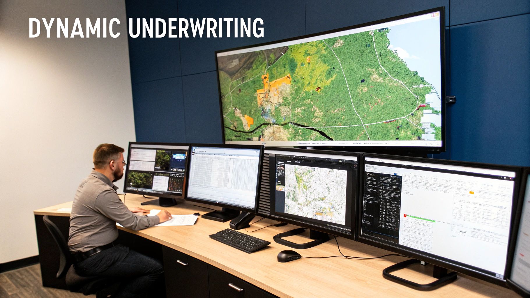 A man sits at a desk with multiple monitors, analyzing data and a large overhead map for dynamic underwriting.