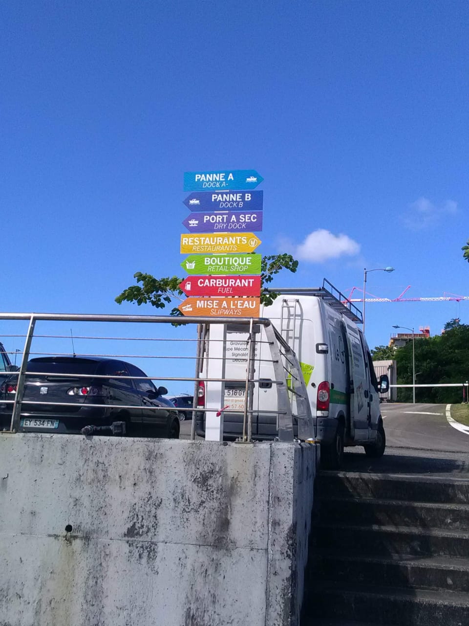 Signalétique Exterieur multicolore sur fond de ciel bleu clair, indiquant la direction des quais, des restaurants et des magasins. À proximité, des véhicules garés et un escalier.