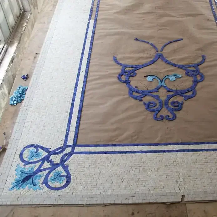 Intricate blue and white mosaic design for a decorative project.