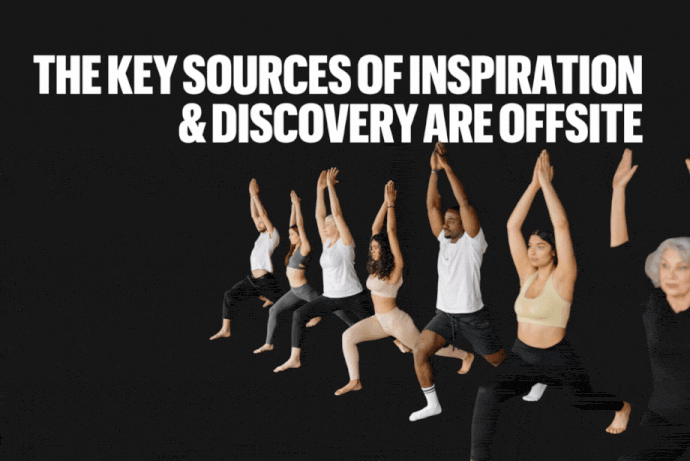 Six people in athletic wear are doing a yoga pose with their arms raised. The text "THE KEY SOURCES OF INSPIRATION & DISCOVERY ARE OFFSITE" is at the top of the screen. With an arrow going to 'Social and events' and another going to 'How do you bring those experiences online?'