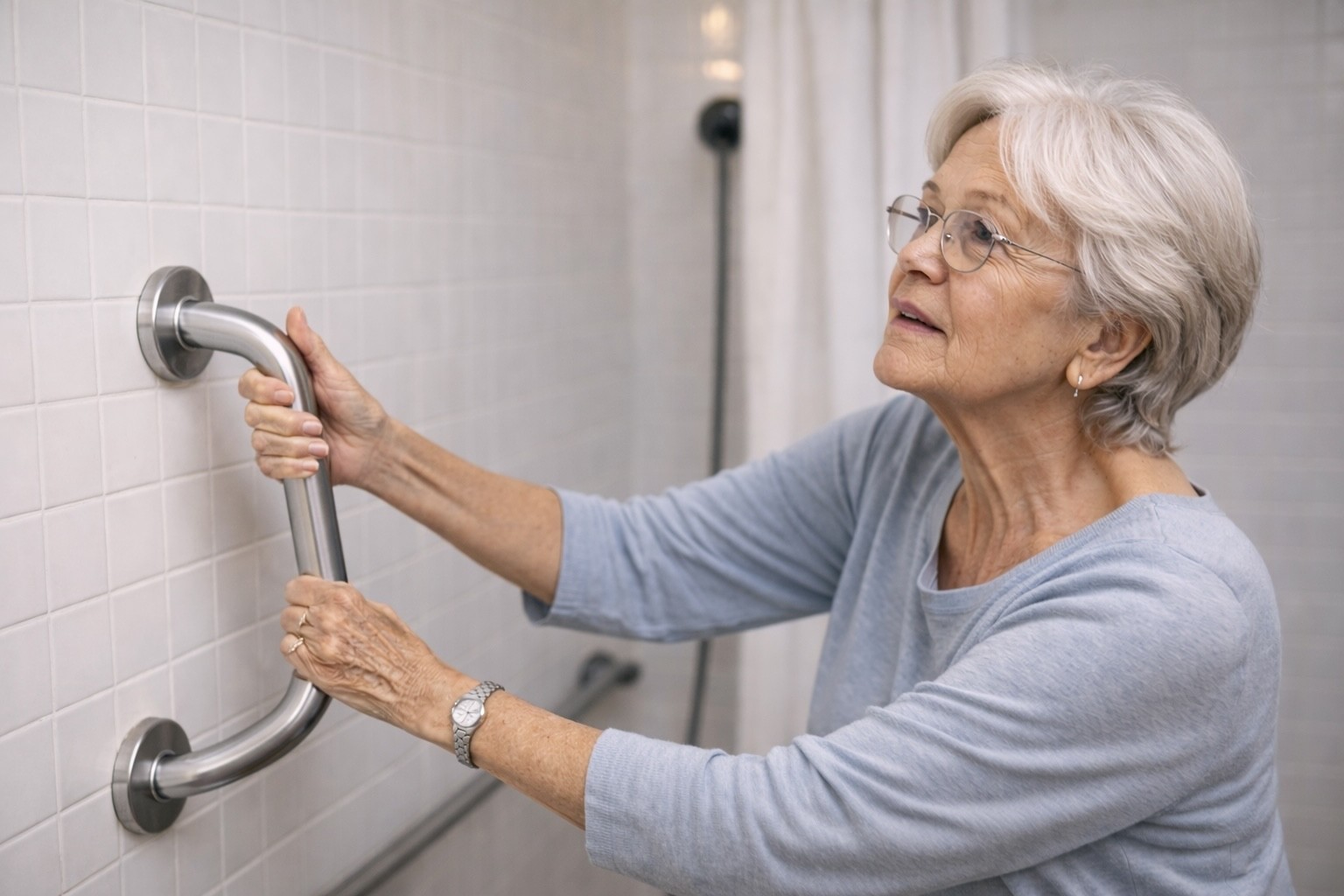 Elderly woman testing grab bar in bathroom.