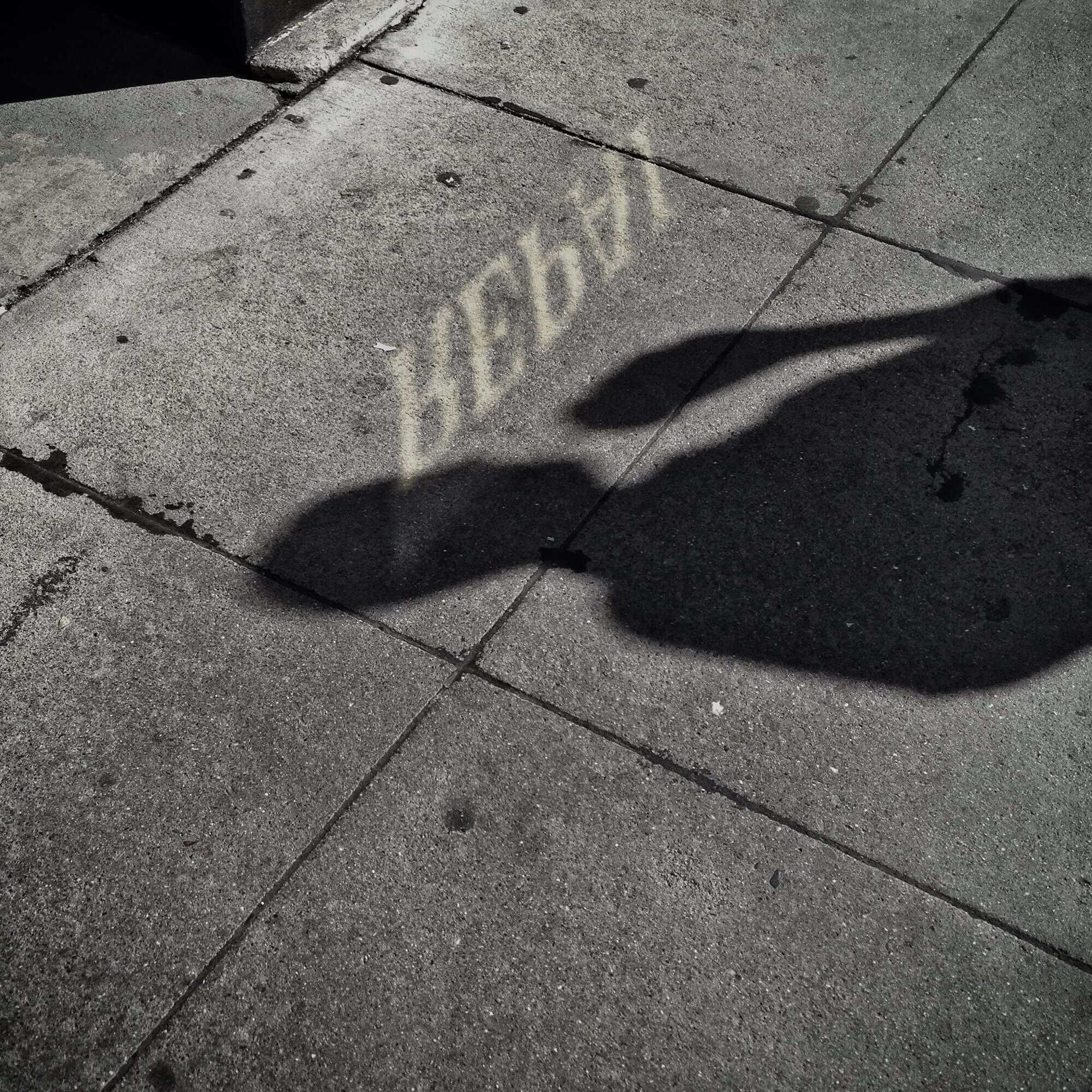 A shadowed figure on a city sidewalk. Letters reflected from a shop window appear to float from the person's head.