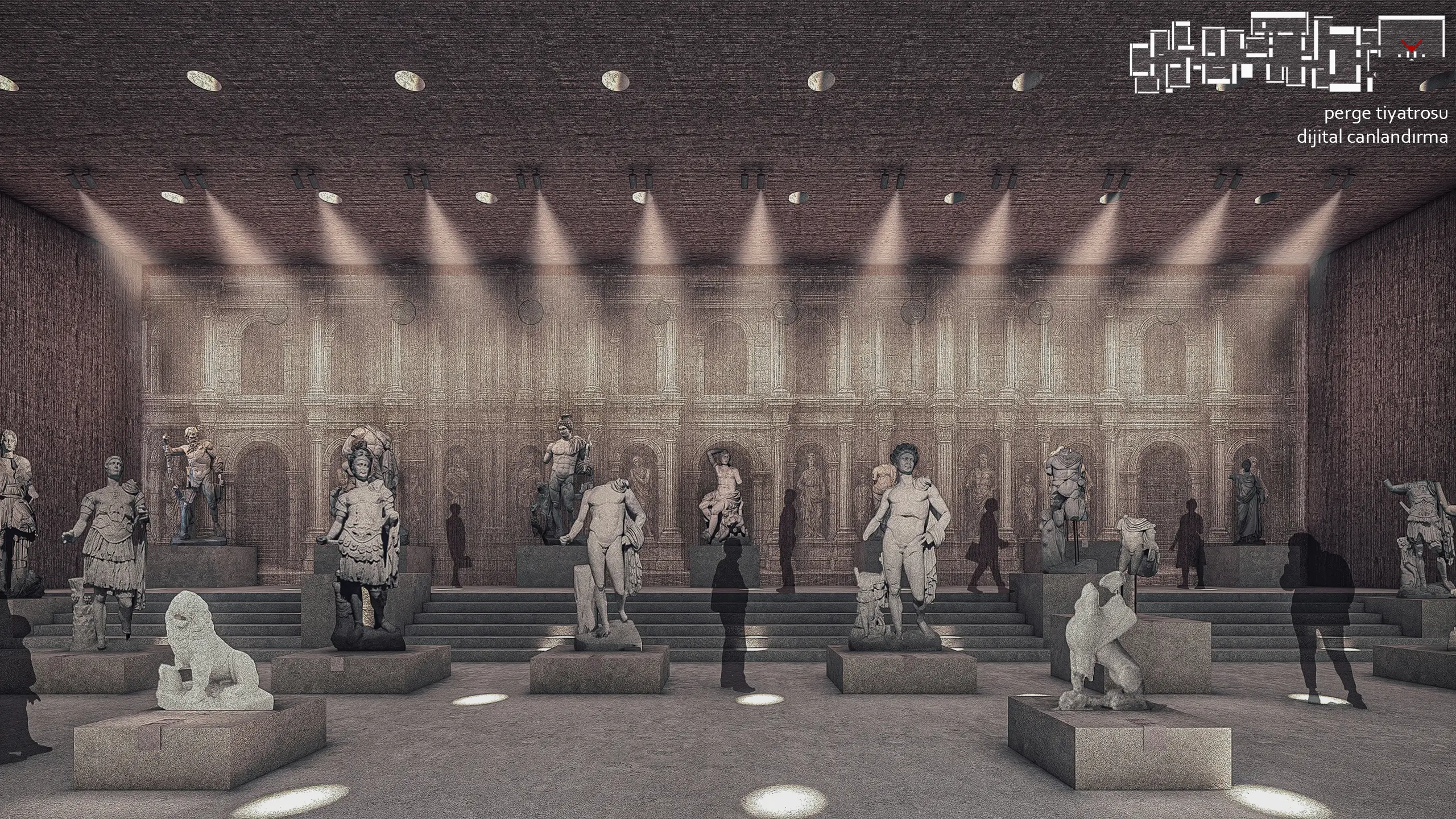 Hall with rows of sculptures in front of a digital reconstruction of the Perge Ancient Theatre