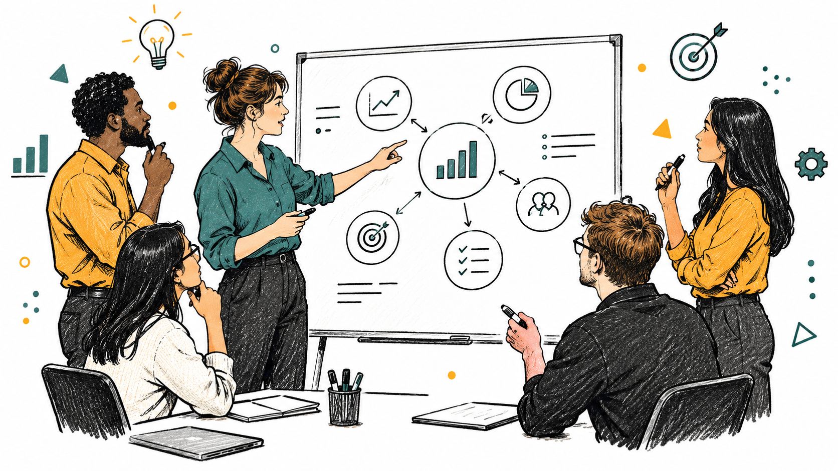 A diverse business team collaborating on key performance indicators in a professional office setting strategy meeting.